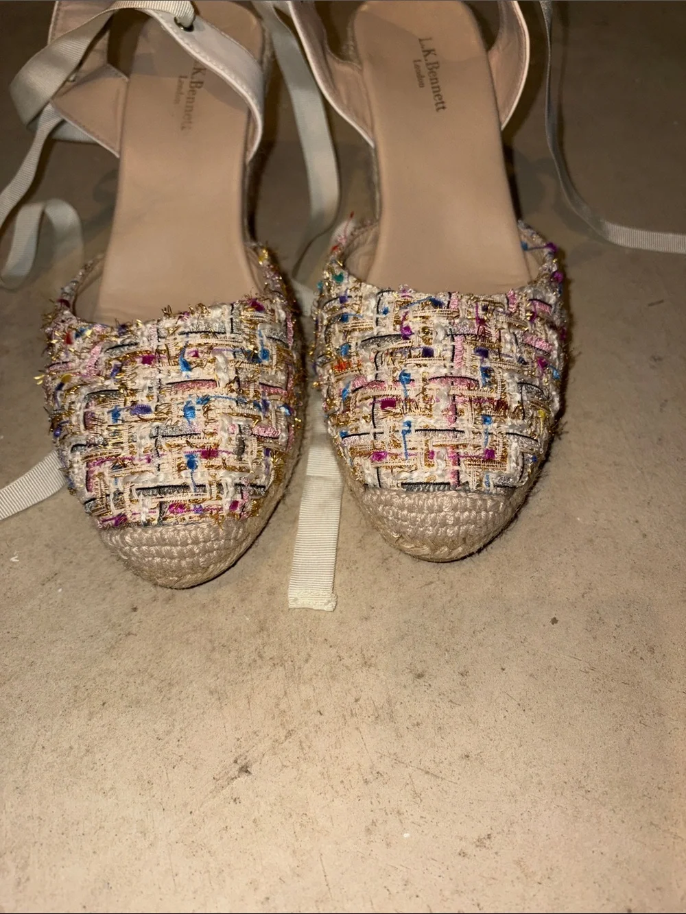 LK Bennett Multicolor Tweed Espadrille Flats with Cream Ribbon Ties